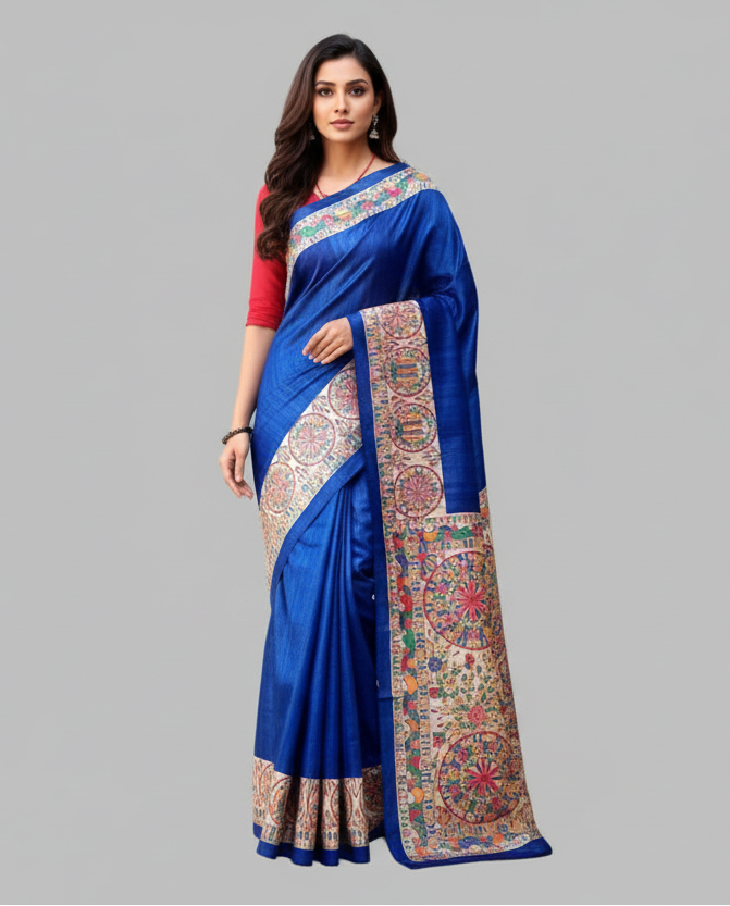 Blue Tassar Ghicha Madhubani Hand Painted Saree