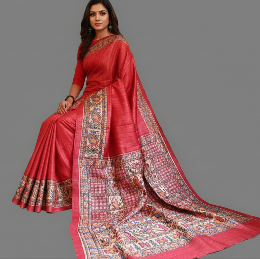 Red Tassar Ghicha Madhubani Hand Painted Saree