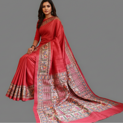 Red Tassar Ghicha Madhubani Hand Painted Saree