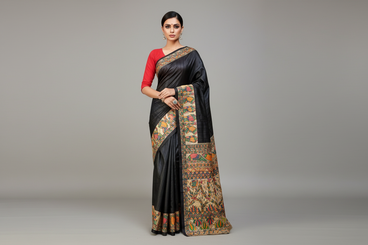 Black Tassar Ghicha Madhubani Hand Painted Saree