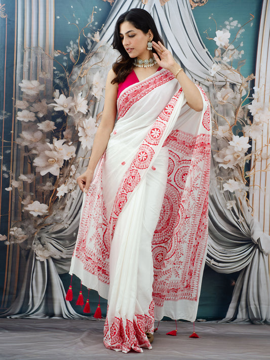 White Madhubani Hand Painted Natural Crepe Saree