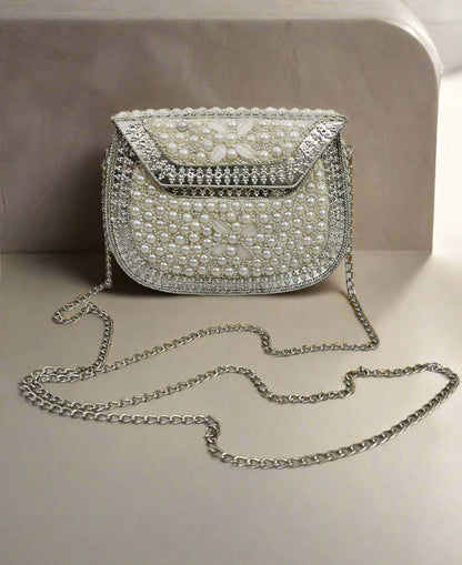 White Pearl Embellished Clutch Handbag