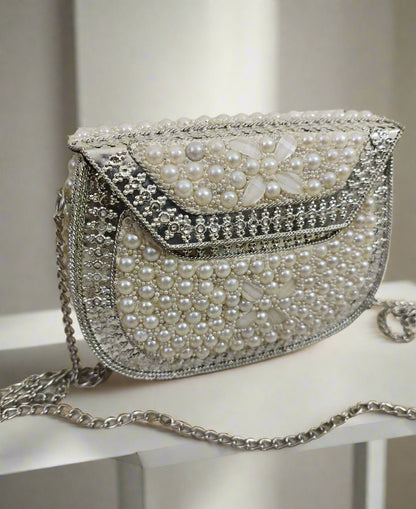 White Pearl Embellished Clutch Handbag