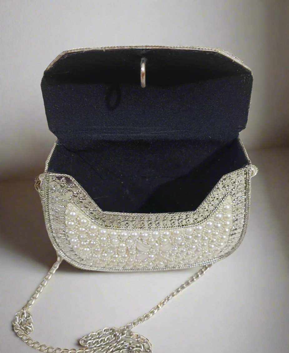 White Pearl Embellished Clutch Handbag