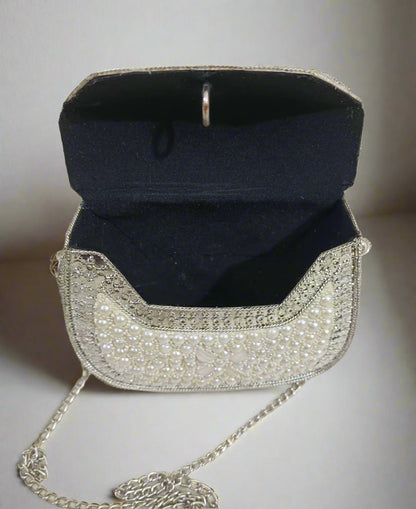 White Pearl Embellished Clutch Handbag