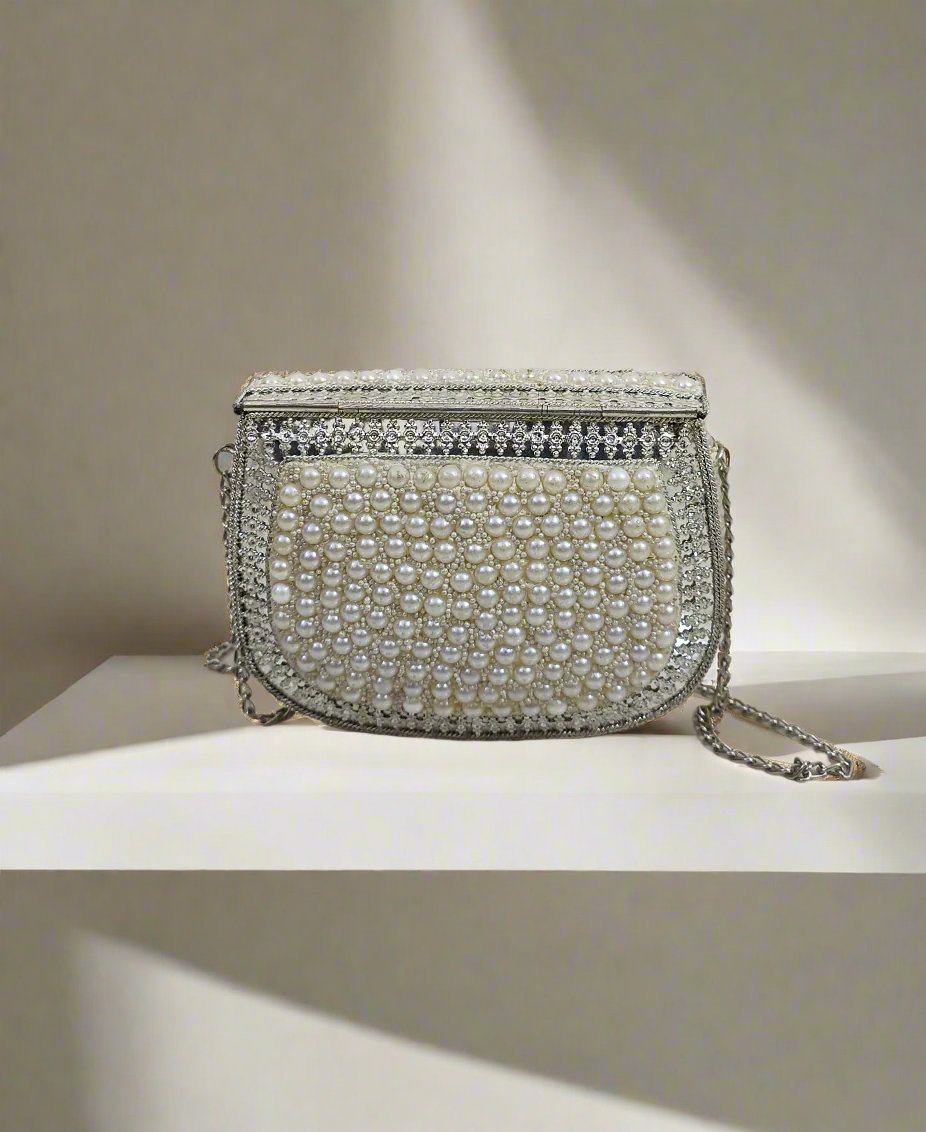 White Pearl Embellished Clutch Handbag