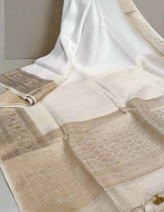 White Banarasi Silk Linen saree