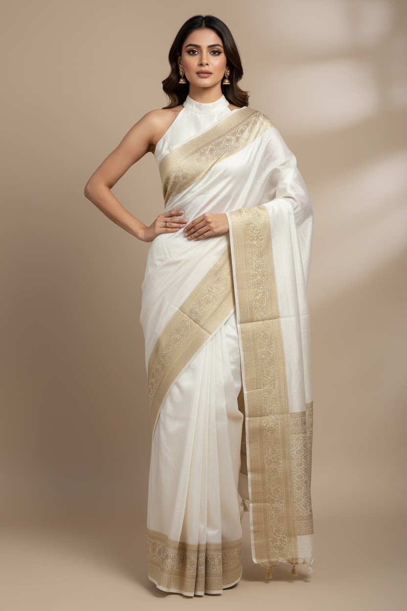 White Banarasi Silk Linen saree