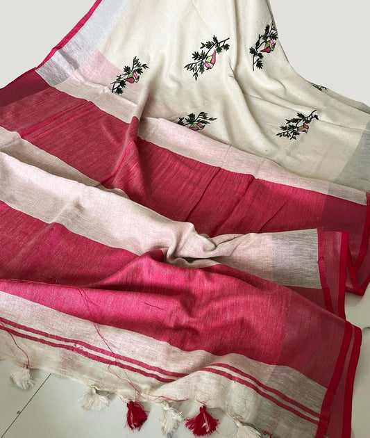 White Bird Embroidered Linen Saree | Peepal Clothing