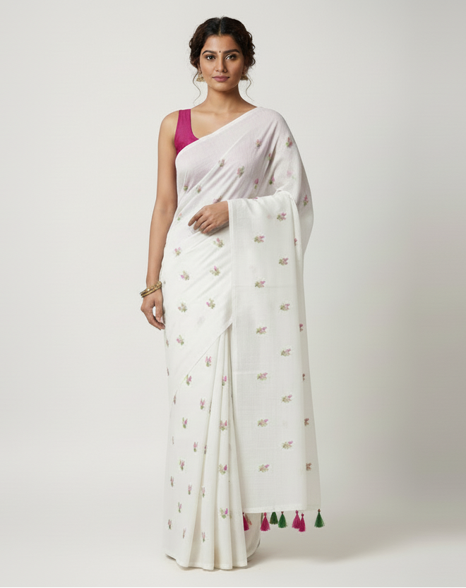 White Embroidered Pure Linen Saree