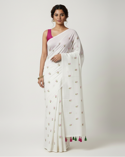 White Embroidered Pure Linen Saree