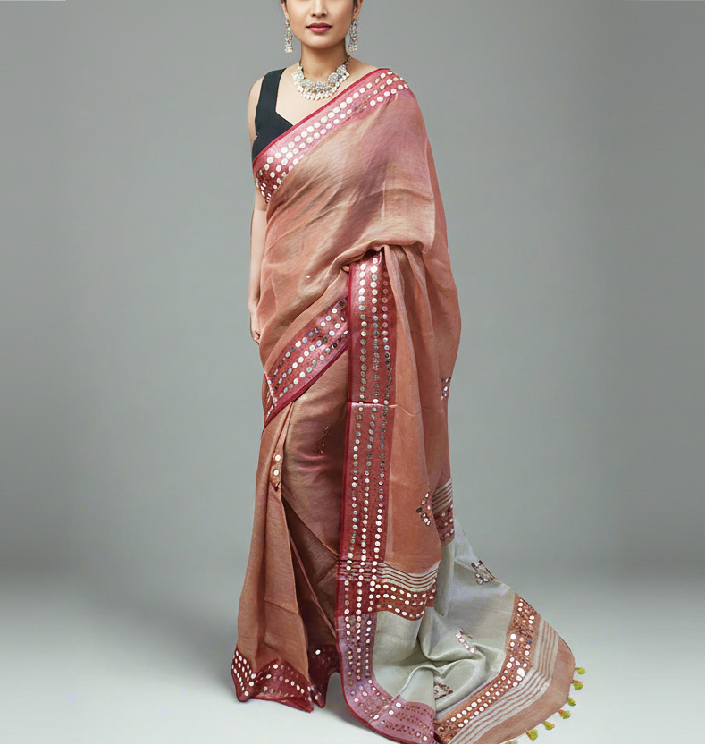 Wine Mirror Embroidered Linen Saree