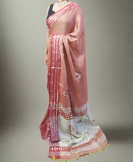 Wine Mirror Embroidered Linen Saree