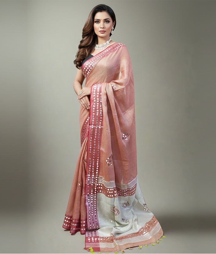 Wine Mirror Embroidered Linen Saree