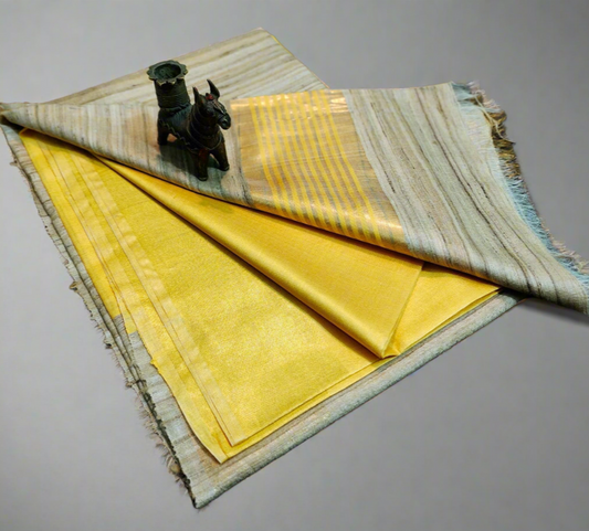 Yellow-Natural Korean Tussar Ghicha Silk Saree