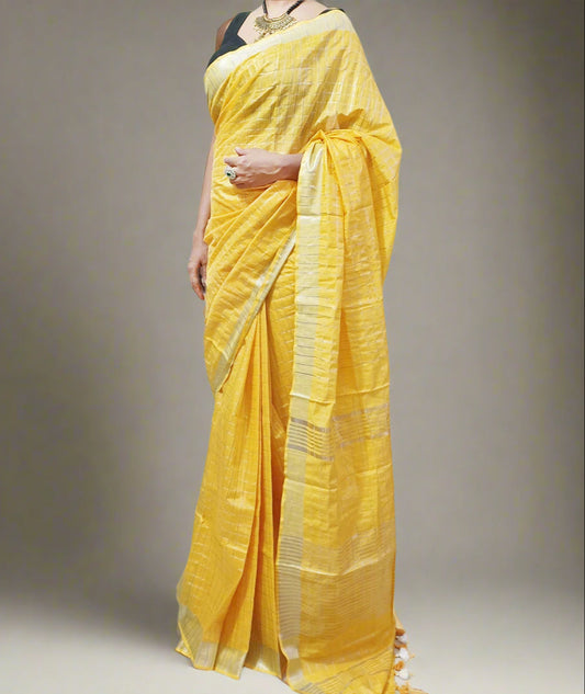 Yellow Handloom Pure Linen Saree