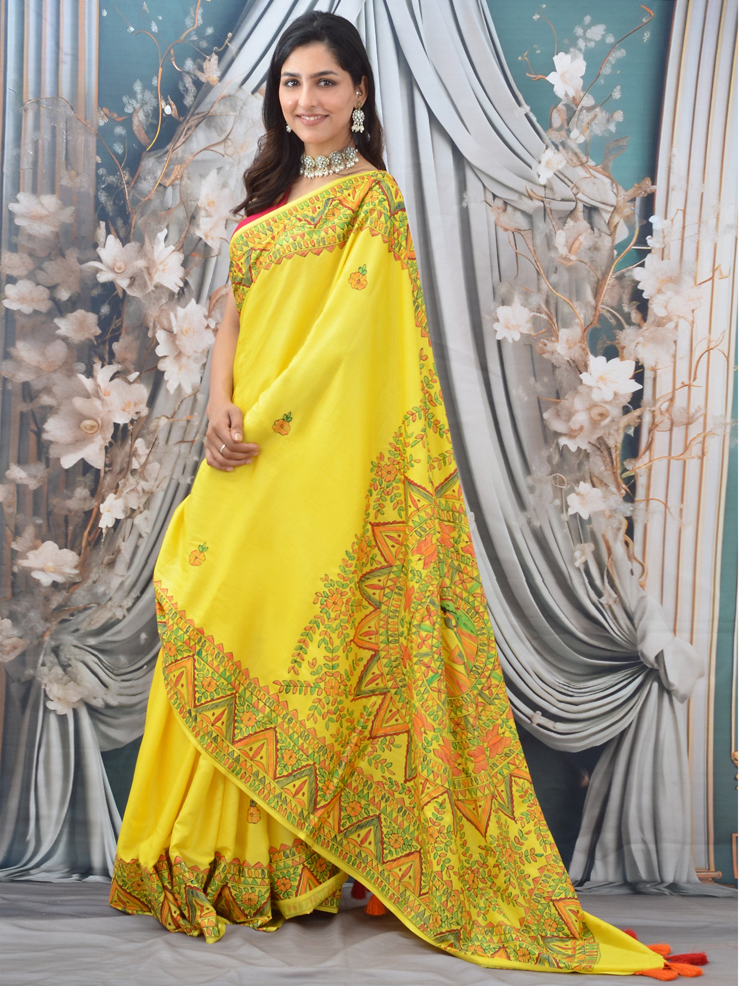 Yellow Madhubani Hand Painted Natural Crepe Saree