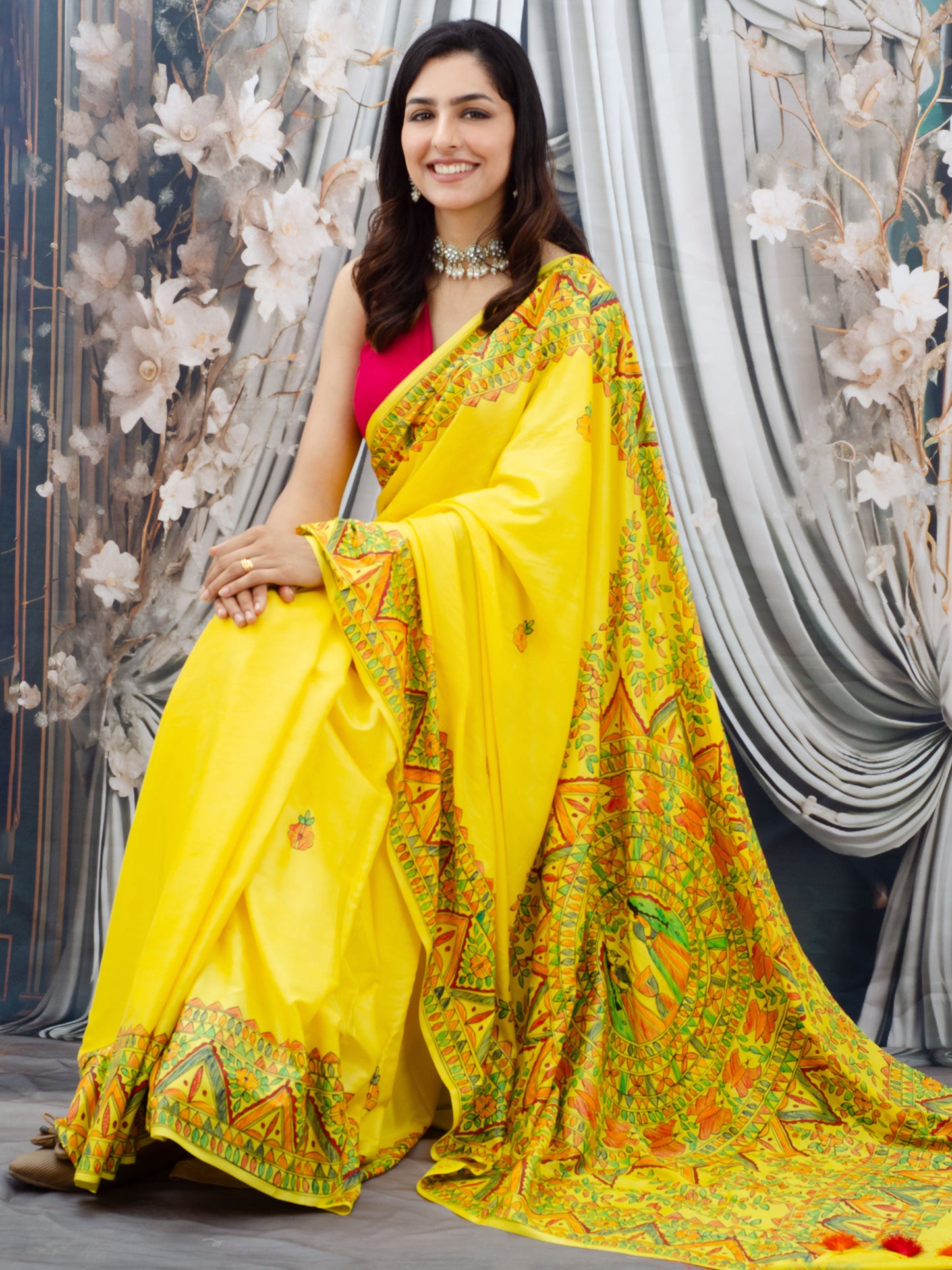 Yellow Madhubani Hand Painted Natural Crepe Saree