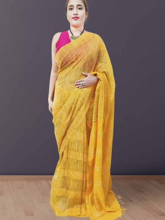 Yellow Stripped Organza Saree
