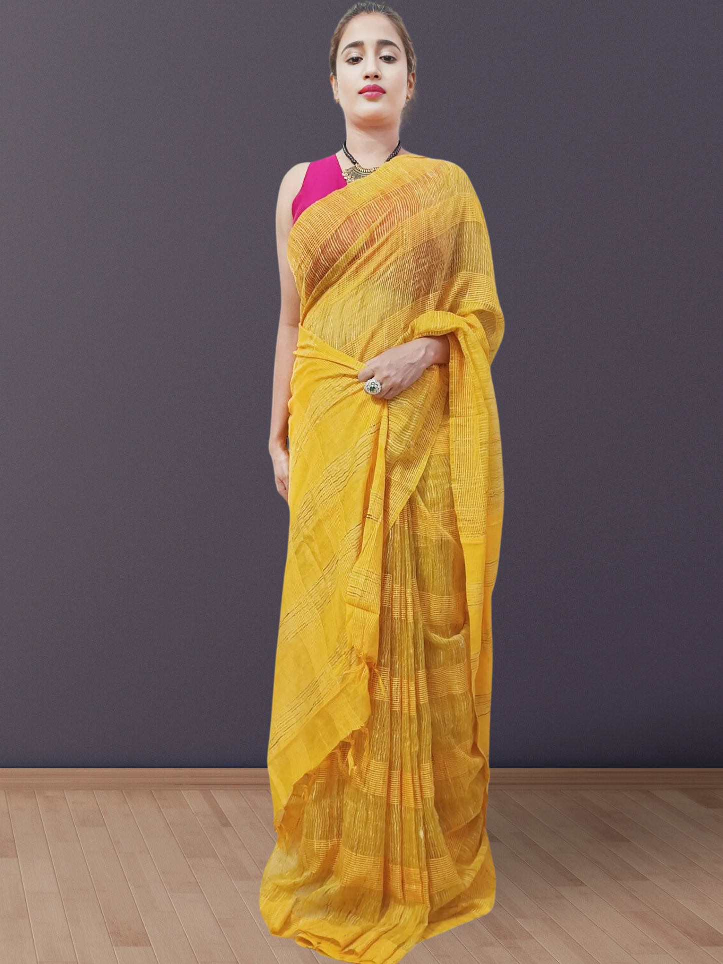 Yellow Stripped Organza Saree