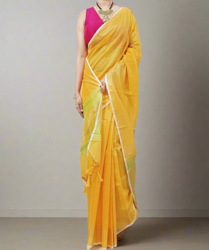 Yellow Zari Checkered Poly Silk Saree
