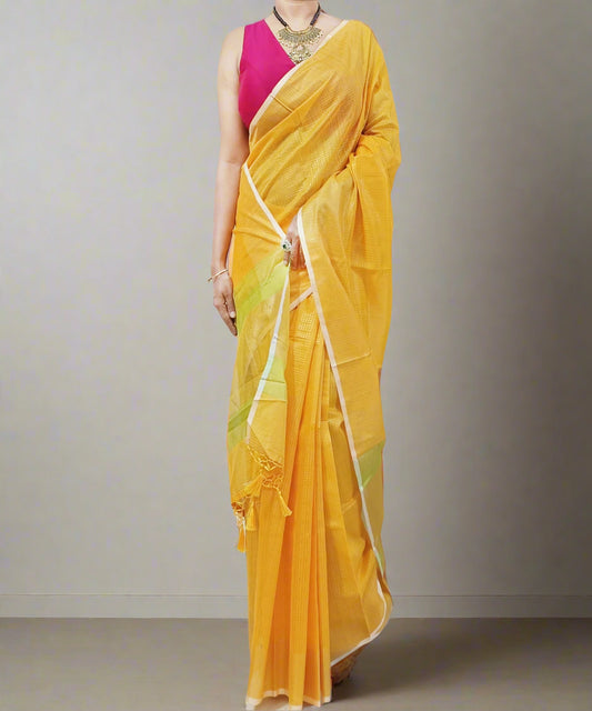 Yellow Zari Checkered Poly Silk Saree