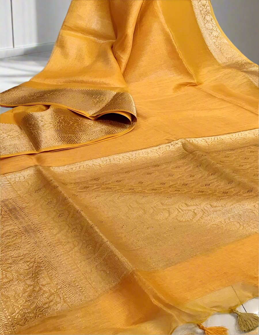 Yellow Banarasi Silk Linen saree