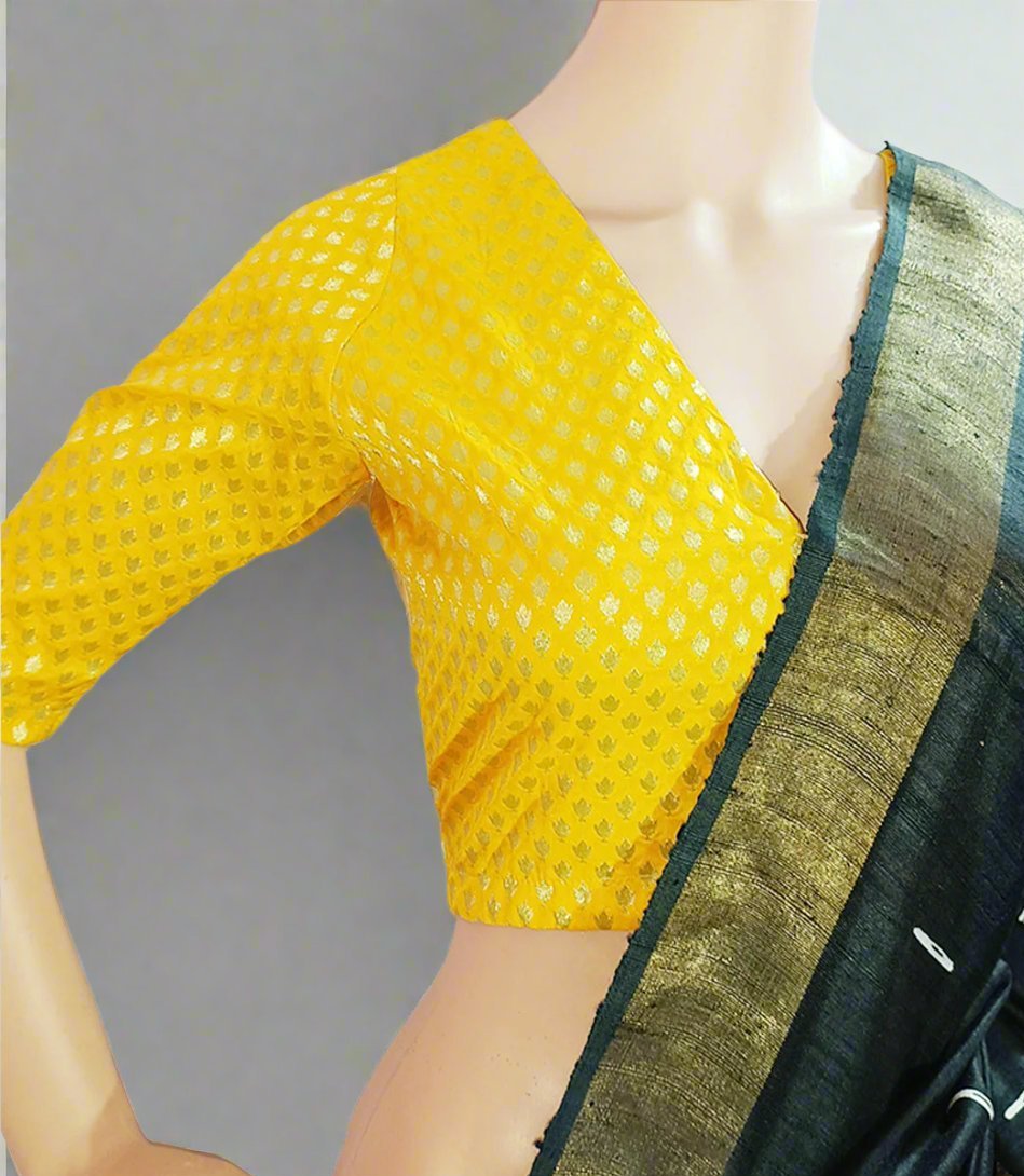 Yellow Brocade V-neck Blouse| Peepal Clothing 