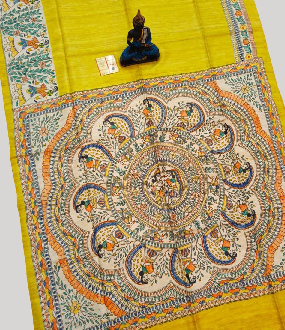 Yellow Madhubani Hand Painted Tussar Ghicha Silk Saree | Peepal Clothing