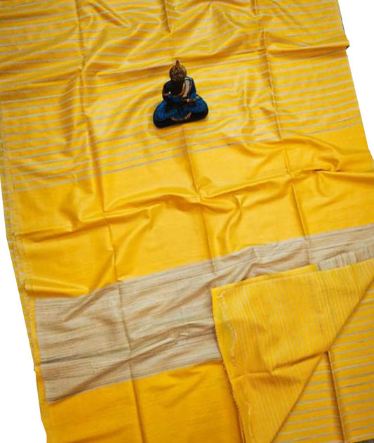 Yellow Striped Tusser Ghicha Silk Saree |Peepal Clothing