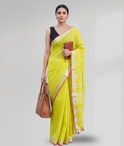 Vibrant Lemon Yellow Cotton Slub Saree with Silver Zari Pallu & Pink Tassels