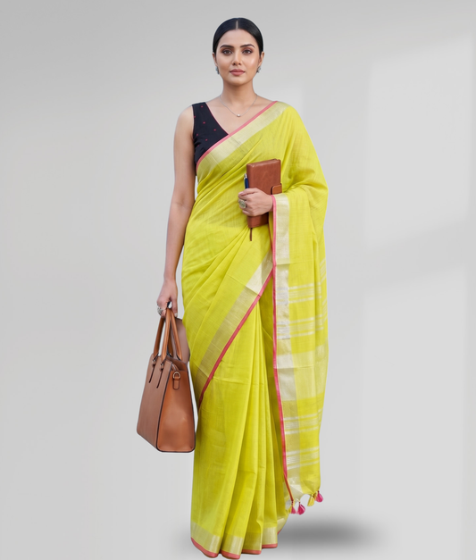 Vibrant Lemon Yellow Cotton Slub Saree with Silver Zari Pallu & Pink Tassels