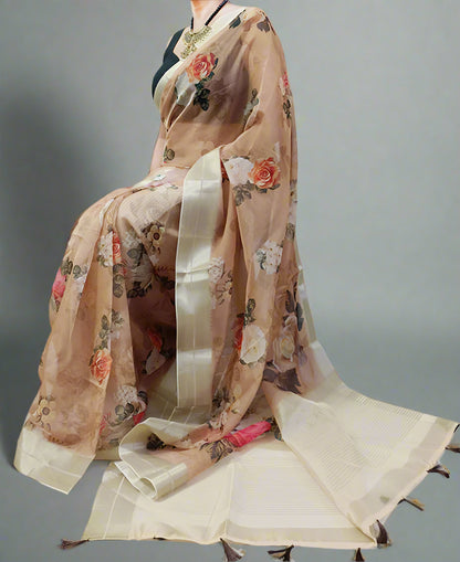 Zari Border Floral Printed Organza Saree