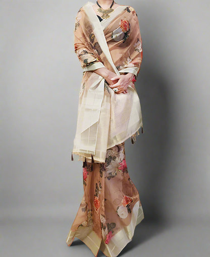 Zari Border Floral Printed Organza Saree
