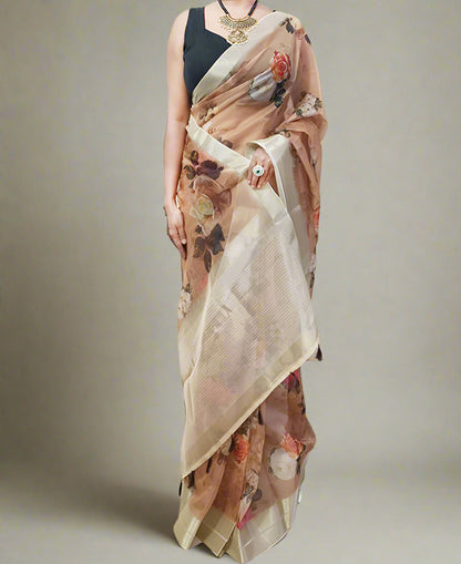 Zari Border Floral Printed Organza Saree