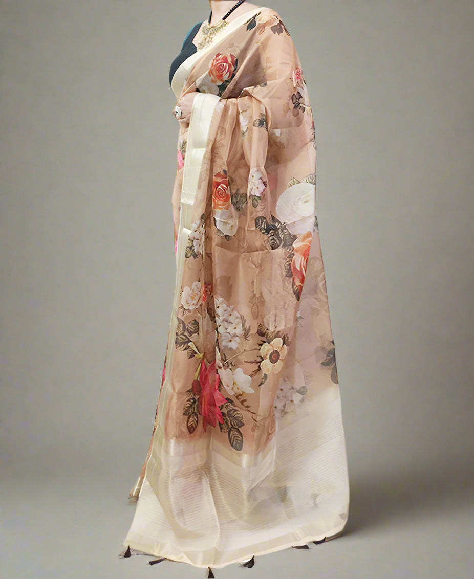 Zari Border Floral Printed Organza Saree