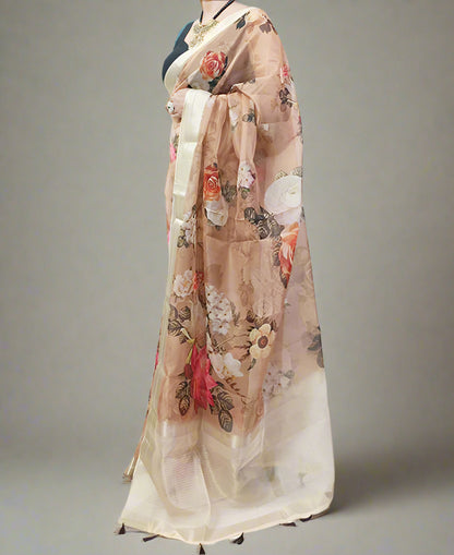 Zari Border Floral Printed Organza Saree