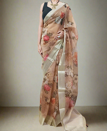 Zari Border Floral Printed Organza Saree