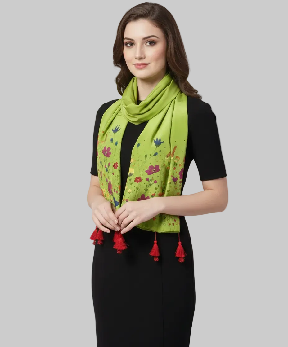 Meadow Bloom Hand-Painted Crepe Silk Stole – Olive Green