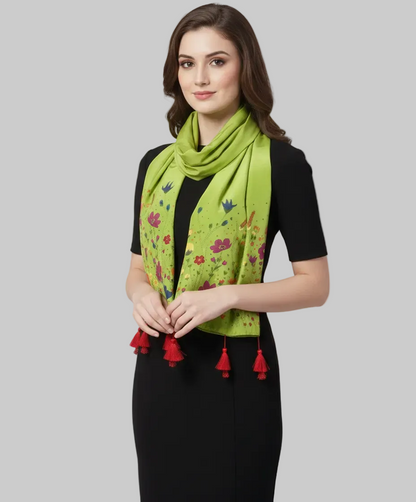 Meadow Bloom Hand-Painted Crepe Silk Stole – Olive Green