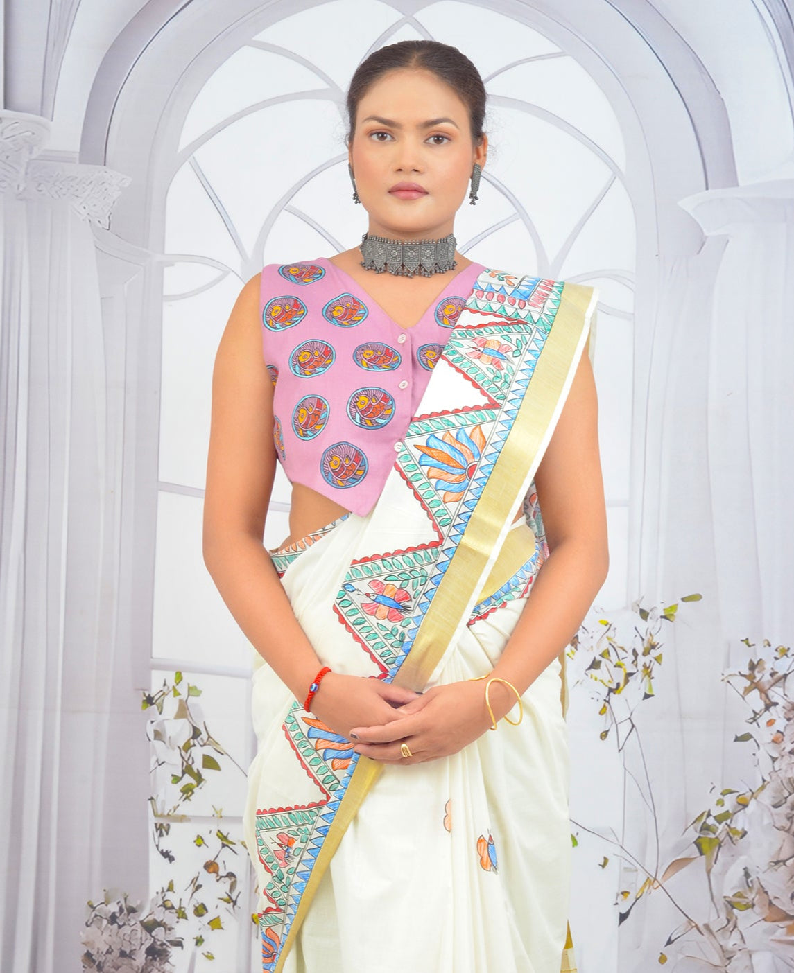 Hand-Painted Pink Madhubani Cotton Waistcoat for Women