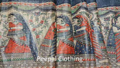 Grey Tussar Ghicha Buta Madhubani Printed Silk Saree