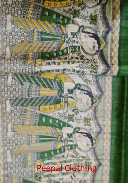 Radha-Krishna Printed Green Tussar Ghicha Silk Saree