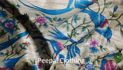 Birds Printed Tussar Ghicha Silk Saree