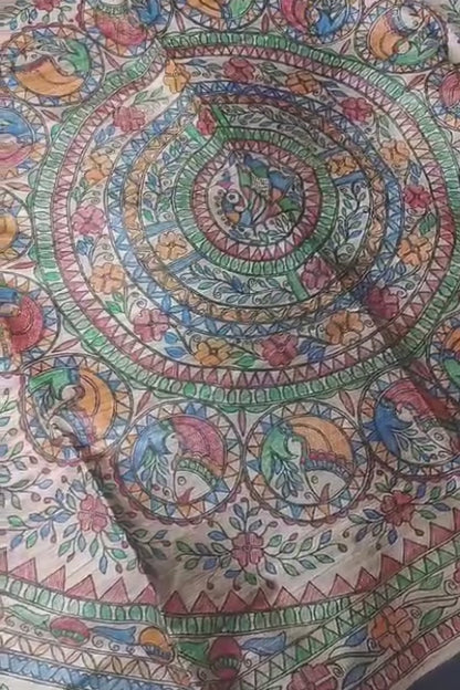 Black Half & Half Madhubani Hand Painted Pure Tussar Ghicha Silk Saree
