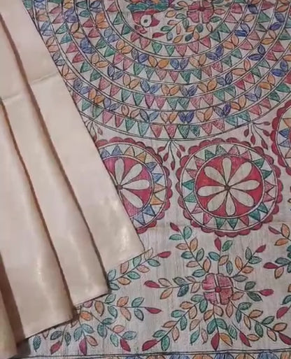 Natural Madhubani Hand Painted Pallu Silk Saree