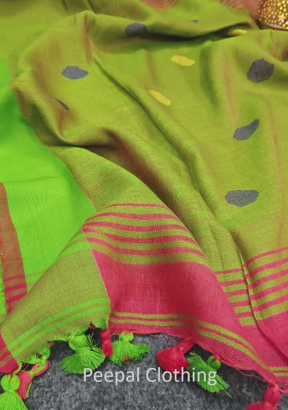 Red and Green Handloom Pure Linen Saree