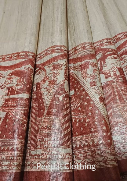Maroon Radha-Krishna Motif Tussar Ghicha Madhubani Printed Silk Saree