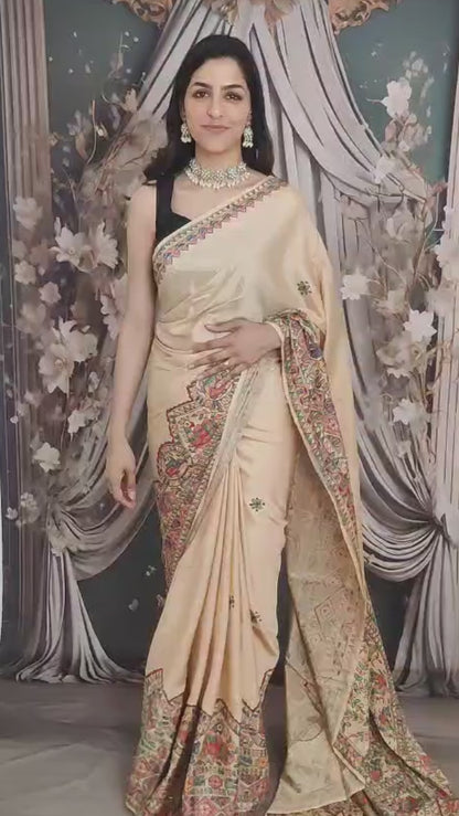 Beige Madhubani Hand Painted Natural Crepe Saree