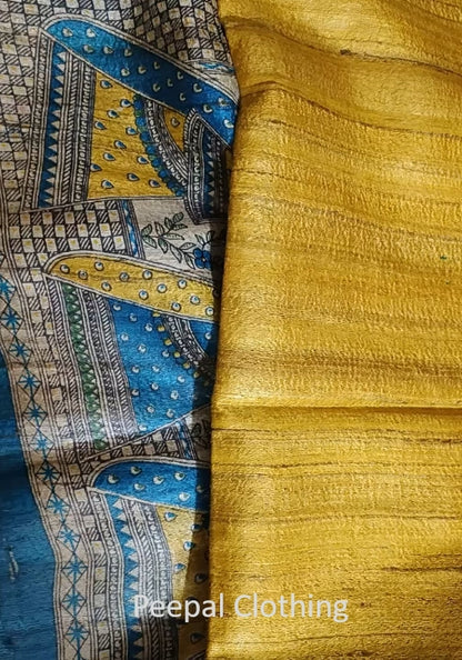 Yellow Tussar Ghicha Madhubani Printed Silk Saree